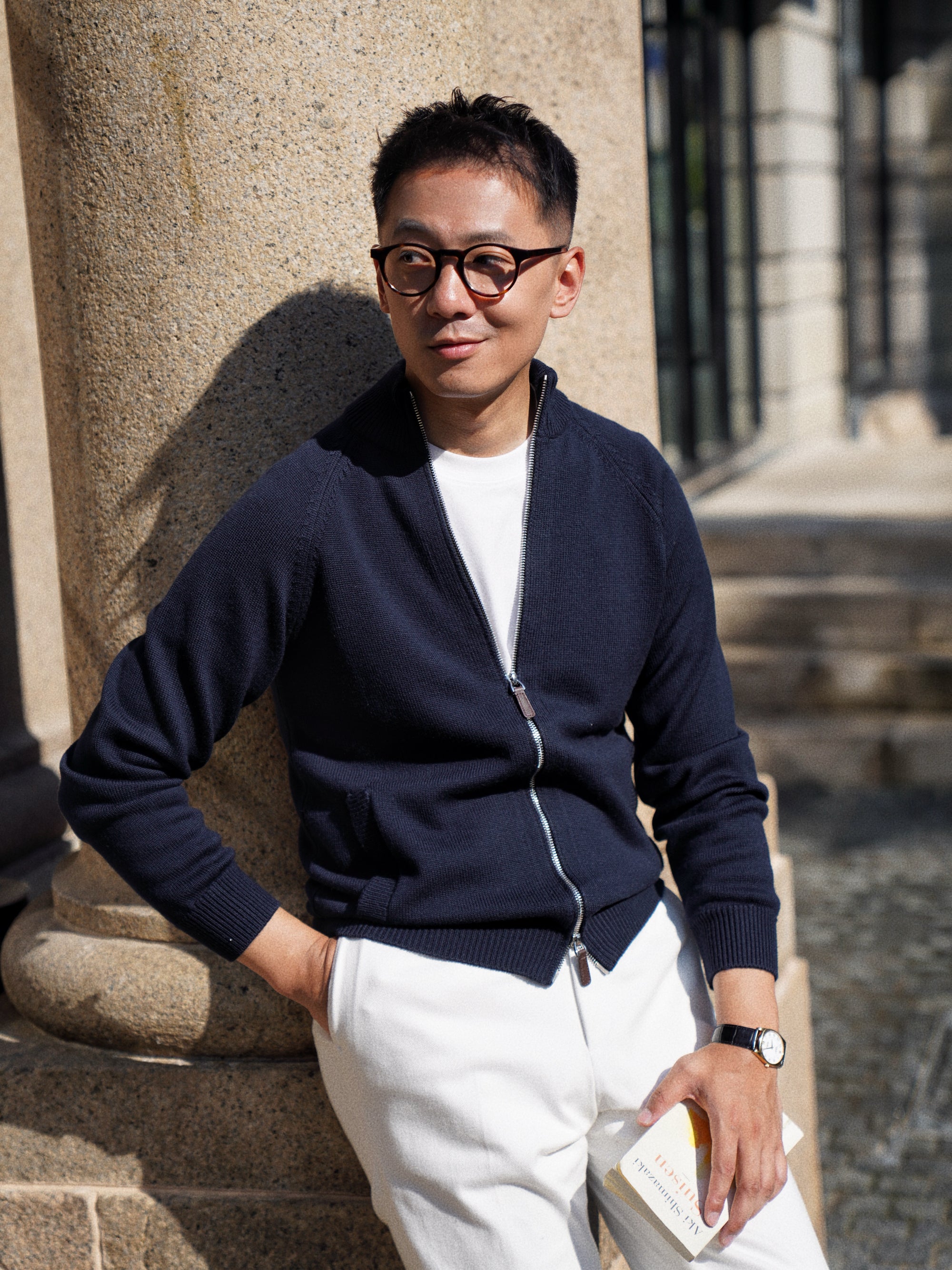 Navy 17 Micron Wool Zip Cardigan