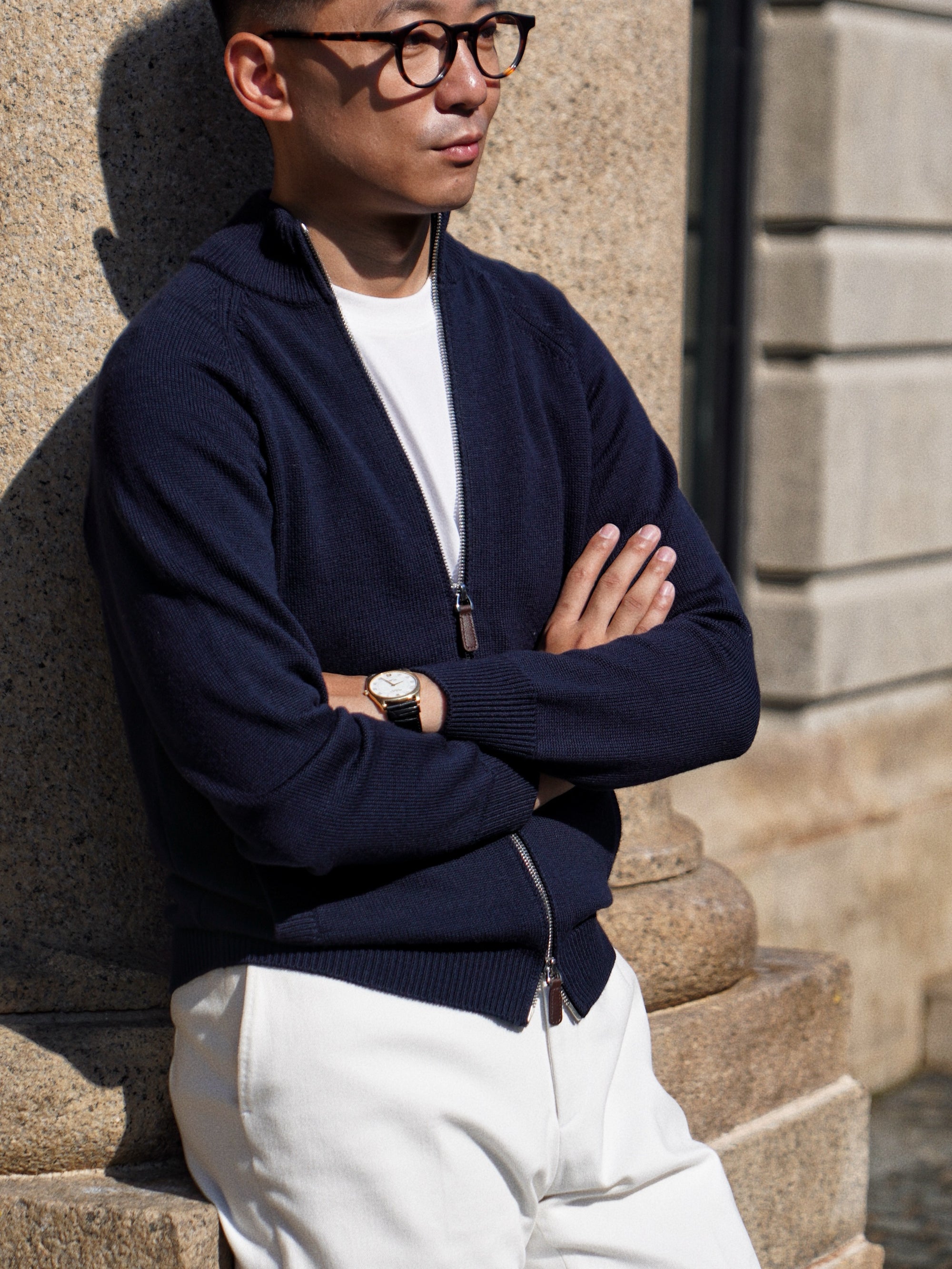 Navy 17 Micron Wool Zip Cardigan