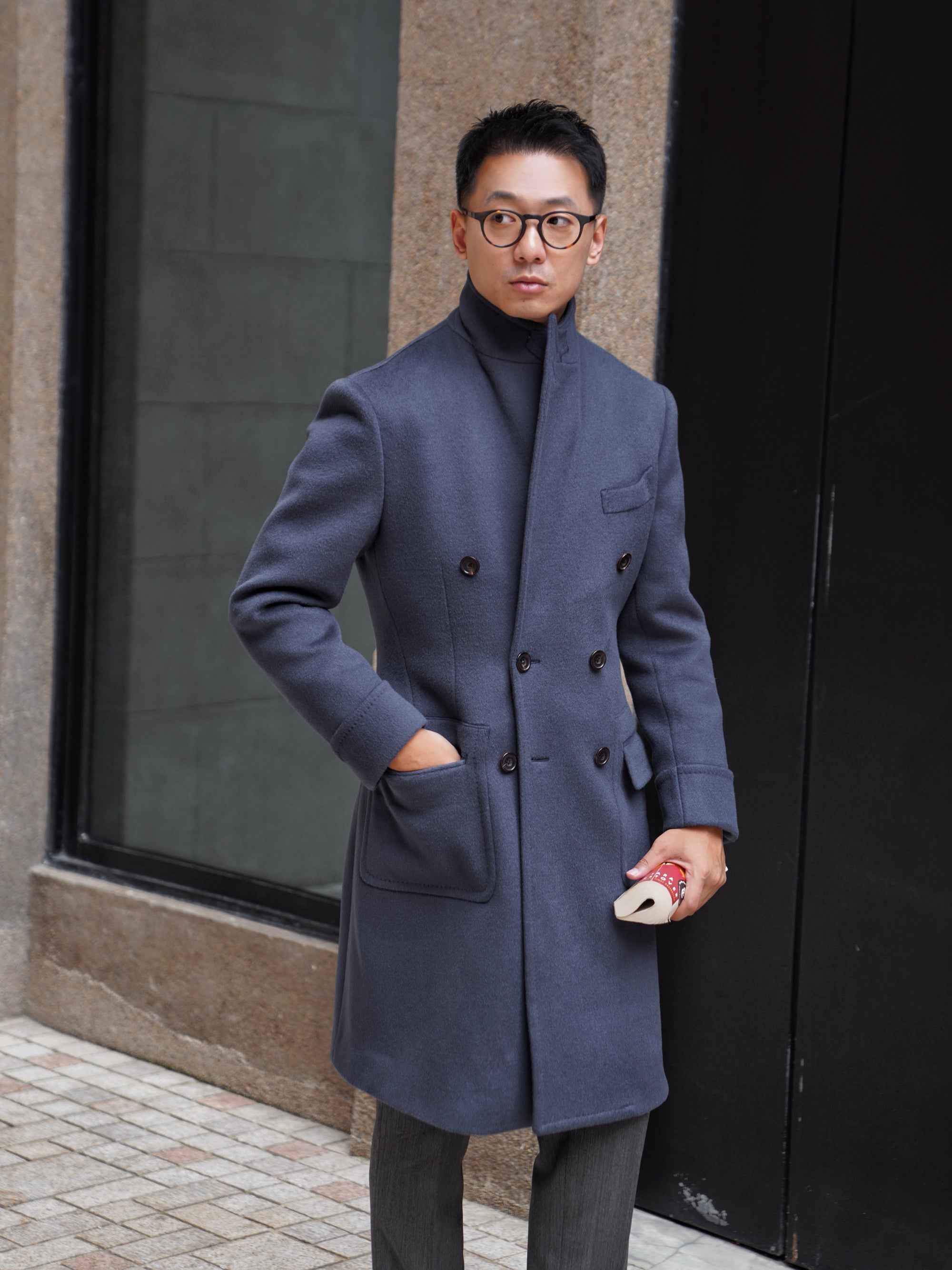 Greyish Blue Wool Polo Coat #858
