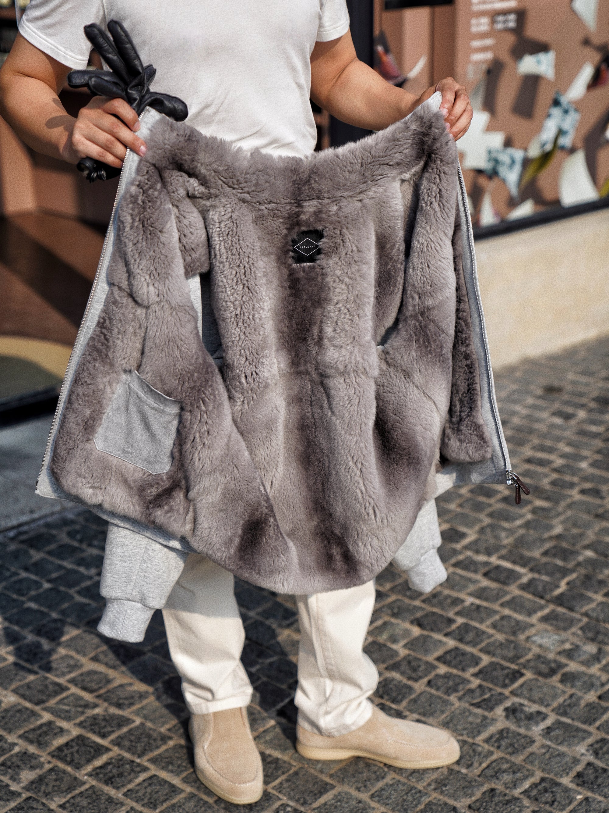 Grey Cotton Rex Fur Bomber Jacket #322
