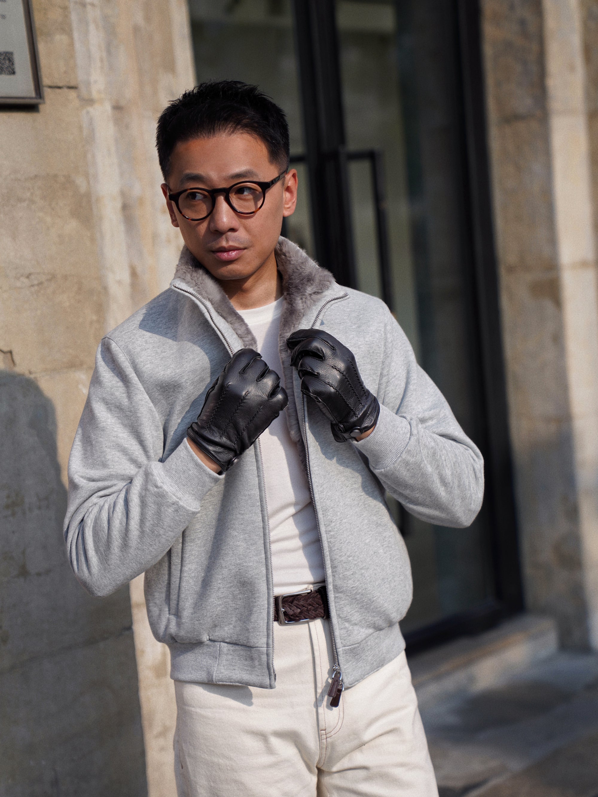 Grey Cotton Rex Fur Bomber Jacket #322
