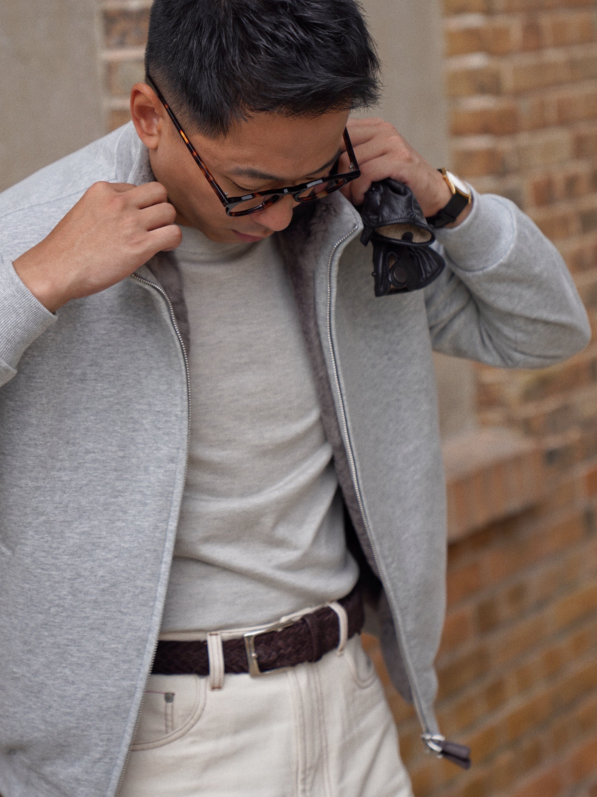 Grey Cotton Rex Fur Bomber Jacket #322