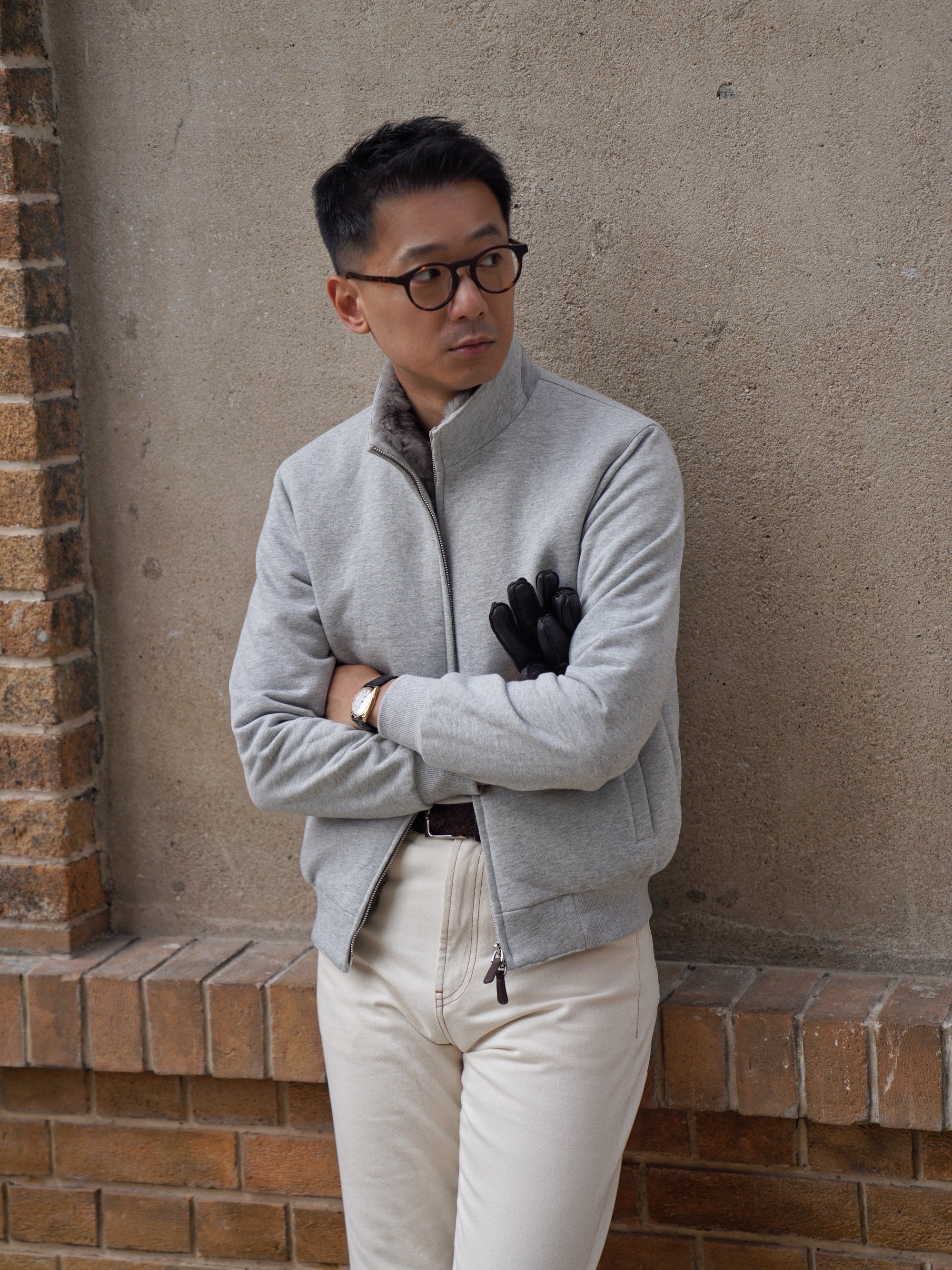 Grey Cotton Rex Fur Bomber Jacket #322