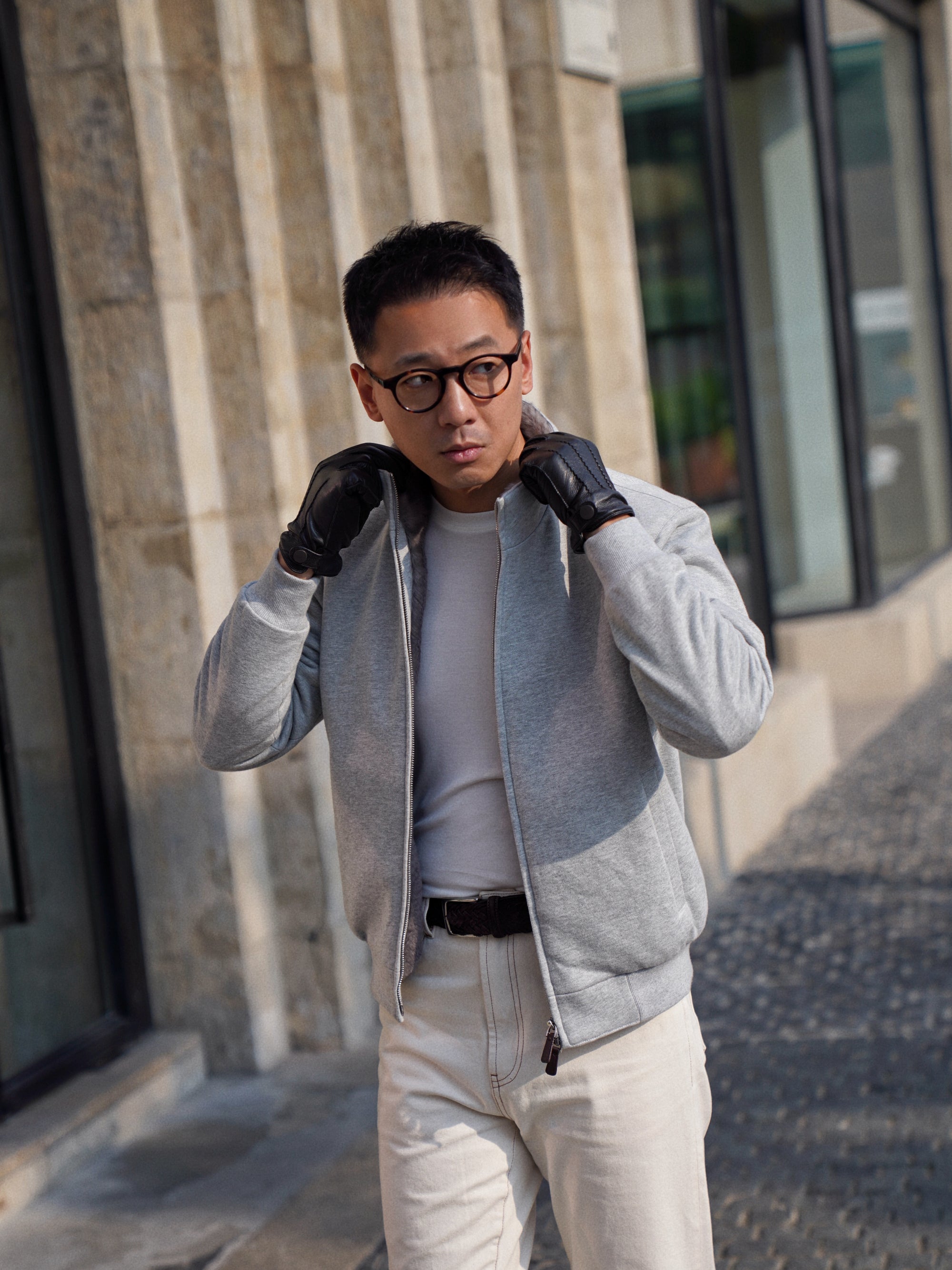 Grey Cotton Rex Fur Bomber Jacket #322