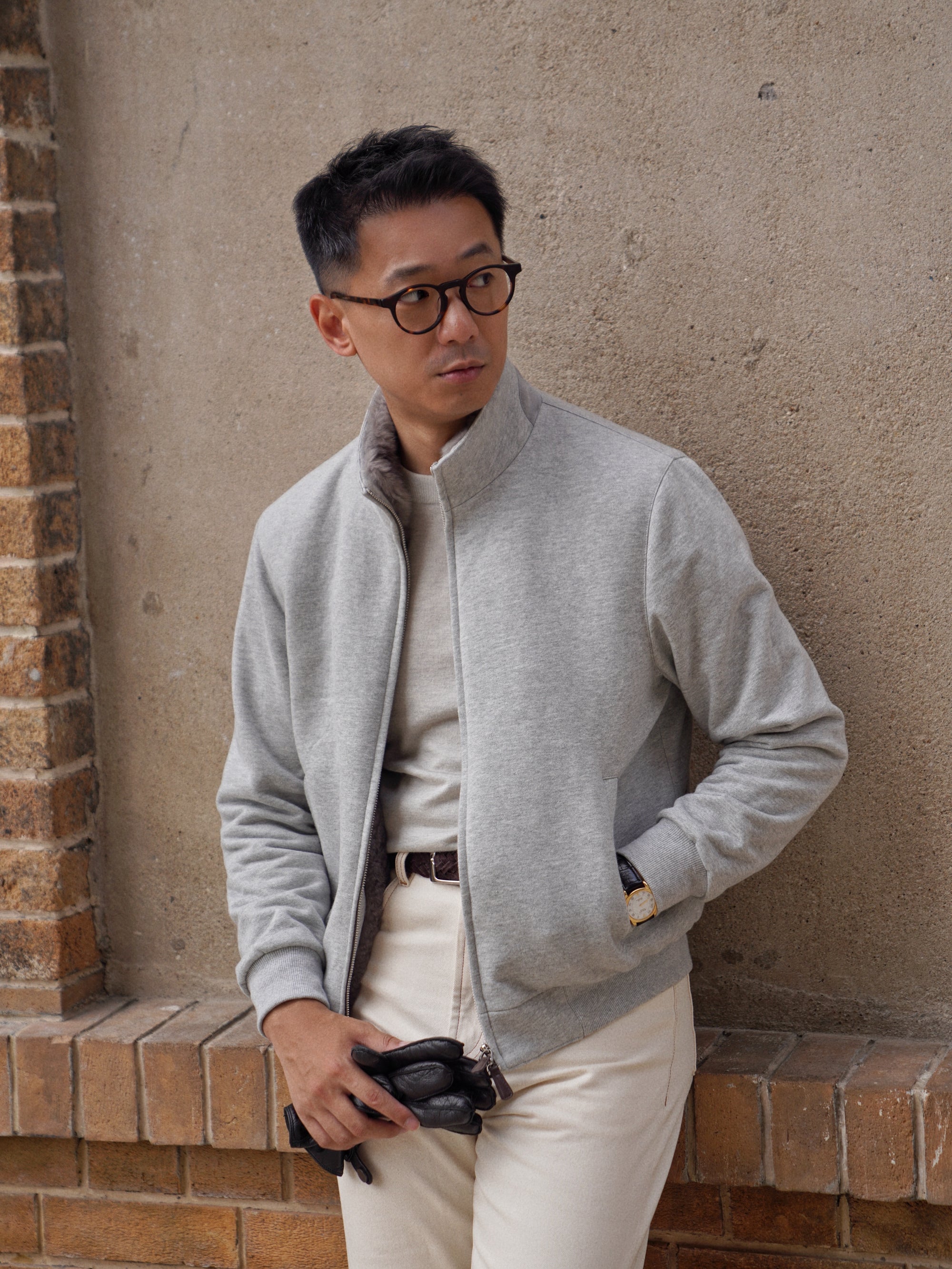 Grey Cotton Rex Fur Bomber Jacket #322
