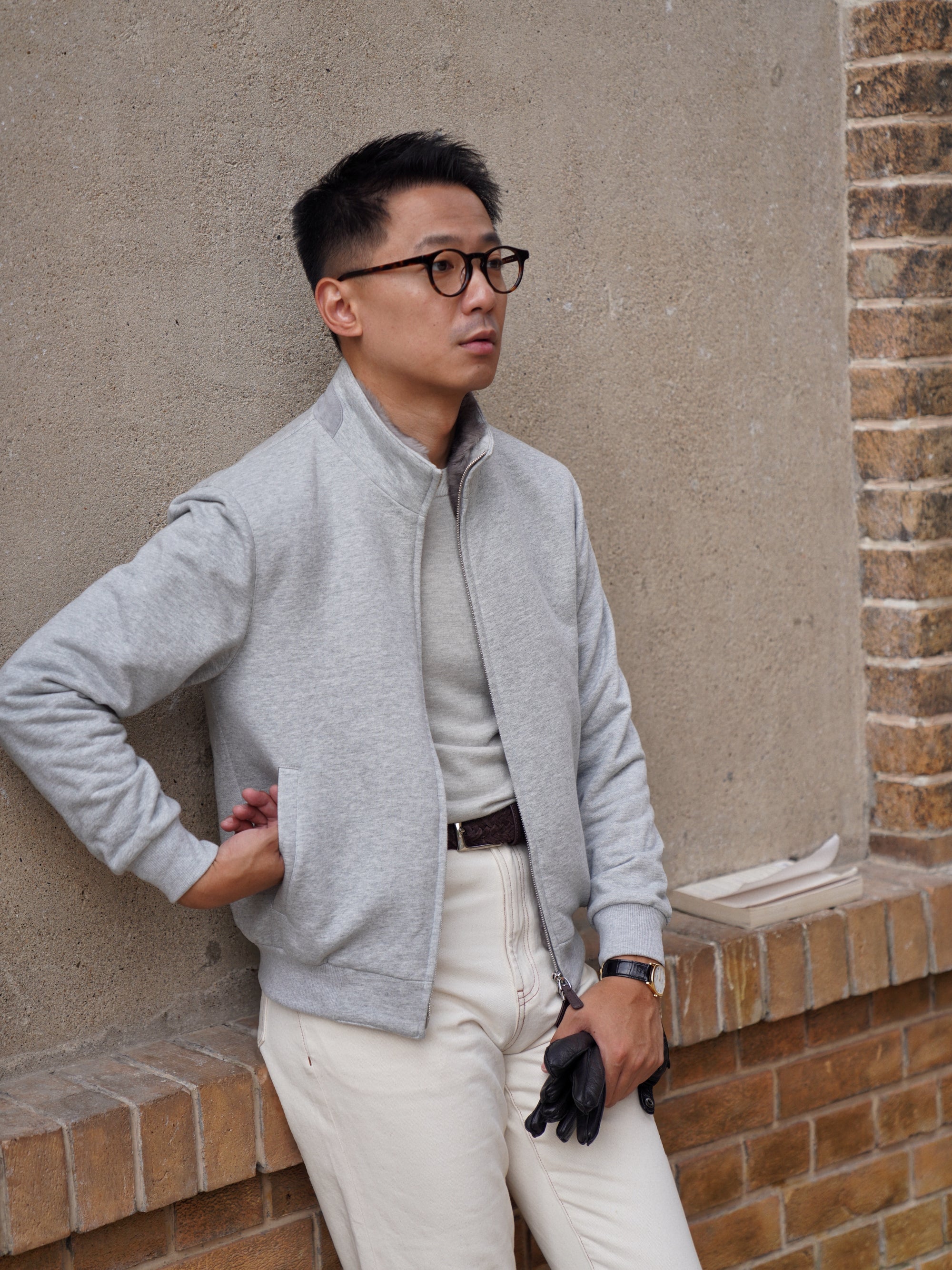 Grey Cotton Rex Fur Bomber Jacket #322