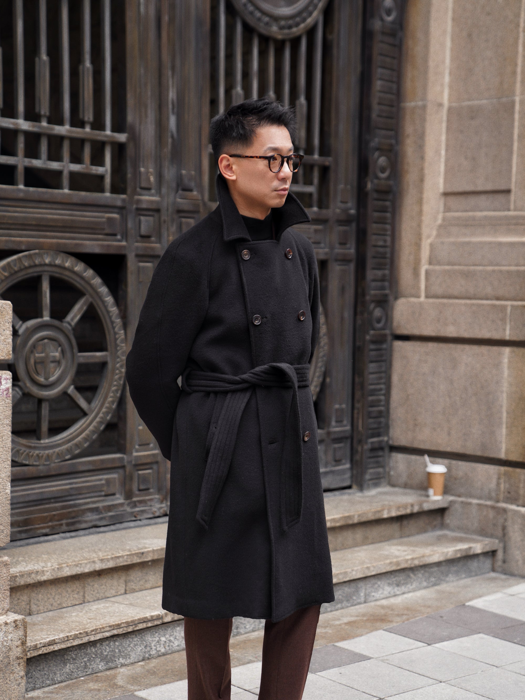 Black Wool Balmacaan Coat #118