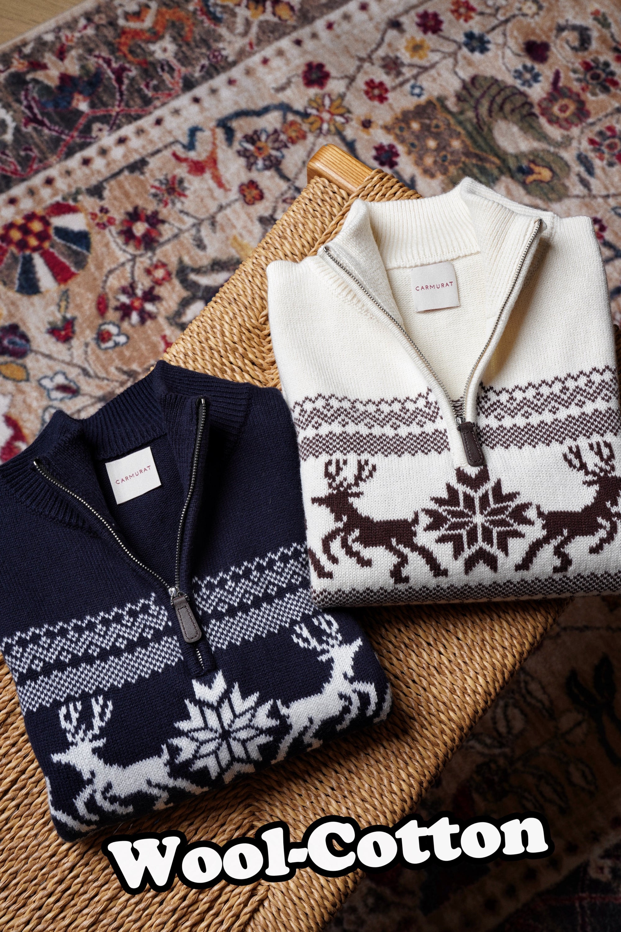Cotton Wool Blending Patterned Half Zip Jumper