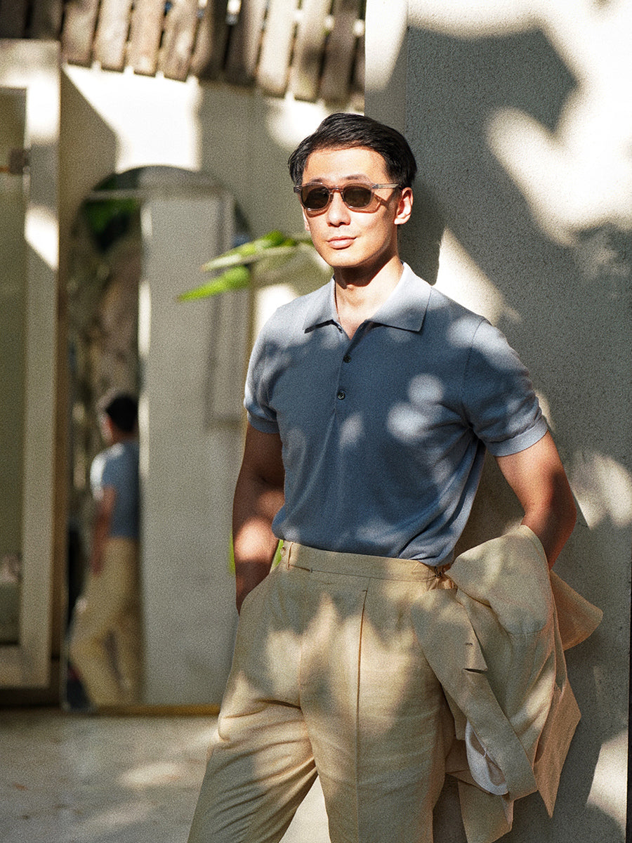 Lemon/Foggy Blue Silk Cashmere Knitted Polo