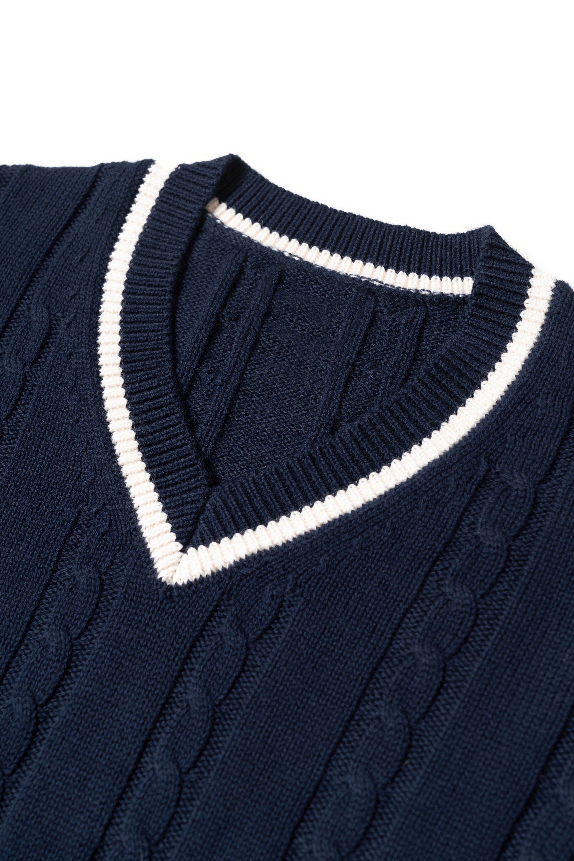 Navy Ivy V Neck Cable Knit Jumper