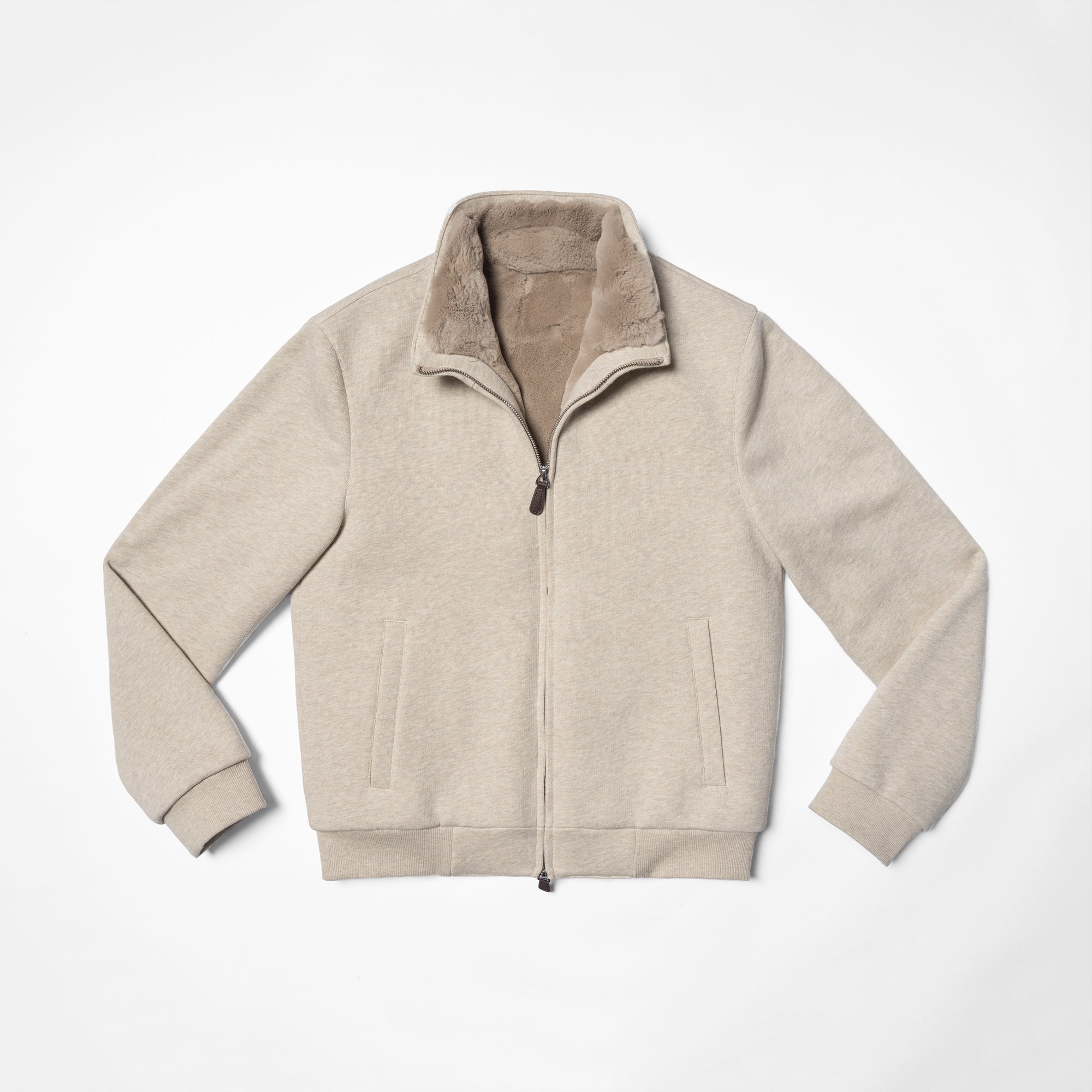Beige Cotton Rex Fur Bomber Jacket #138