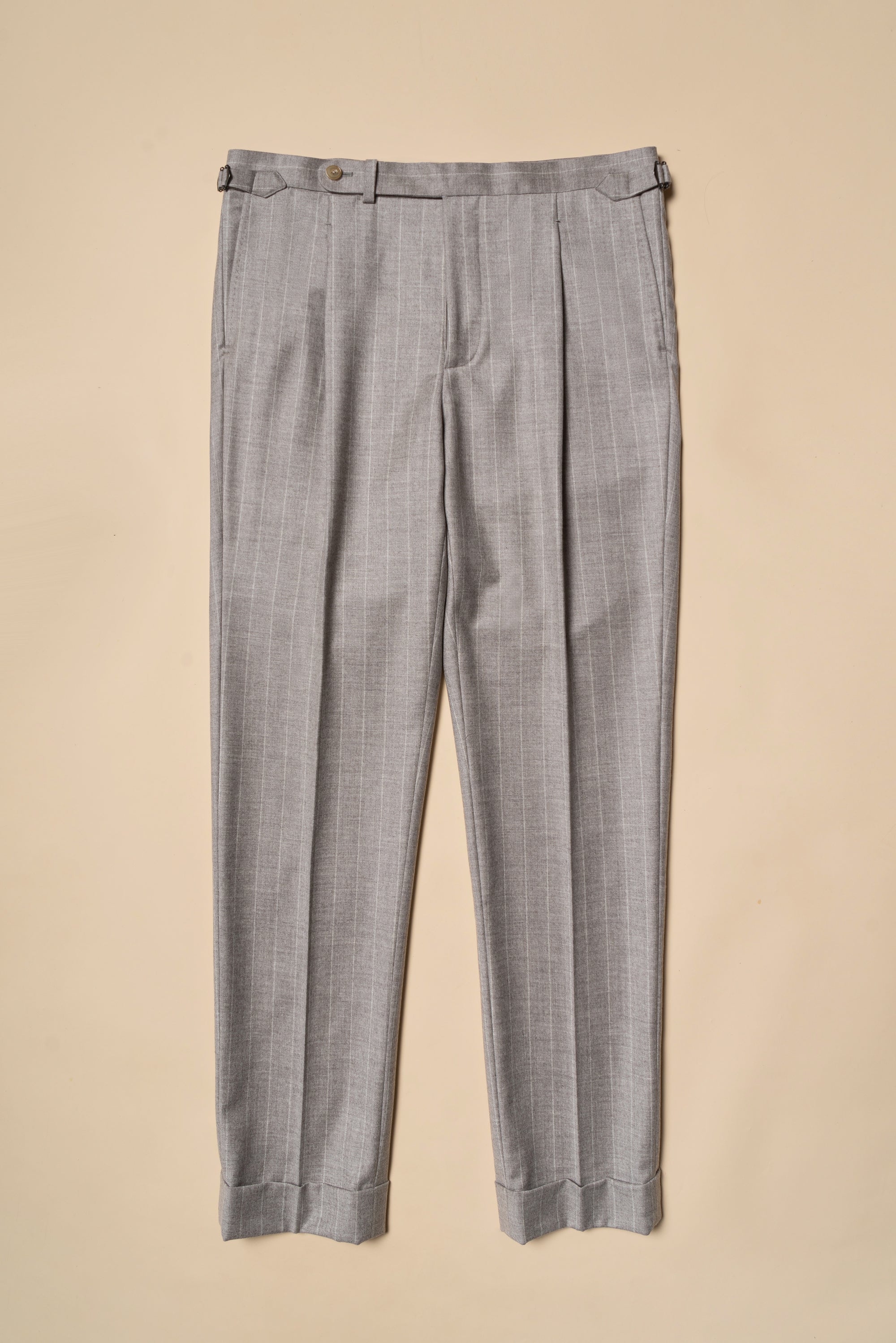 MTO Light Camel Chalk Stripe Wool Cashmere Flannel Suit