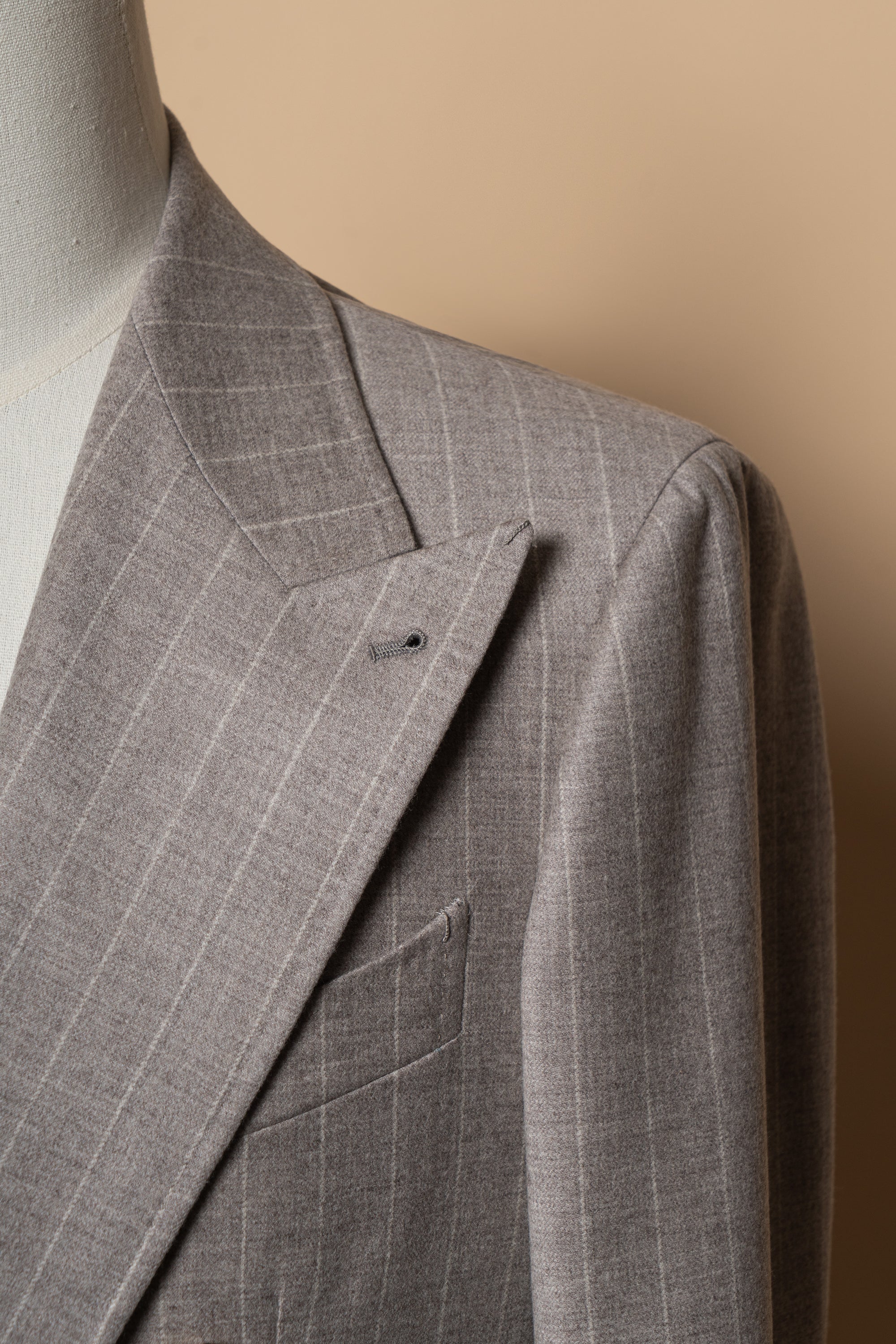 MTO Light Camel Chalk Stripe Wool Cashmere Flannel Suit