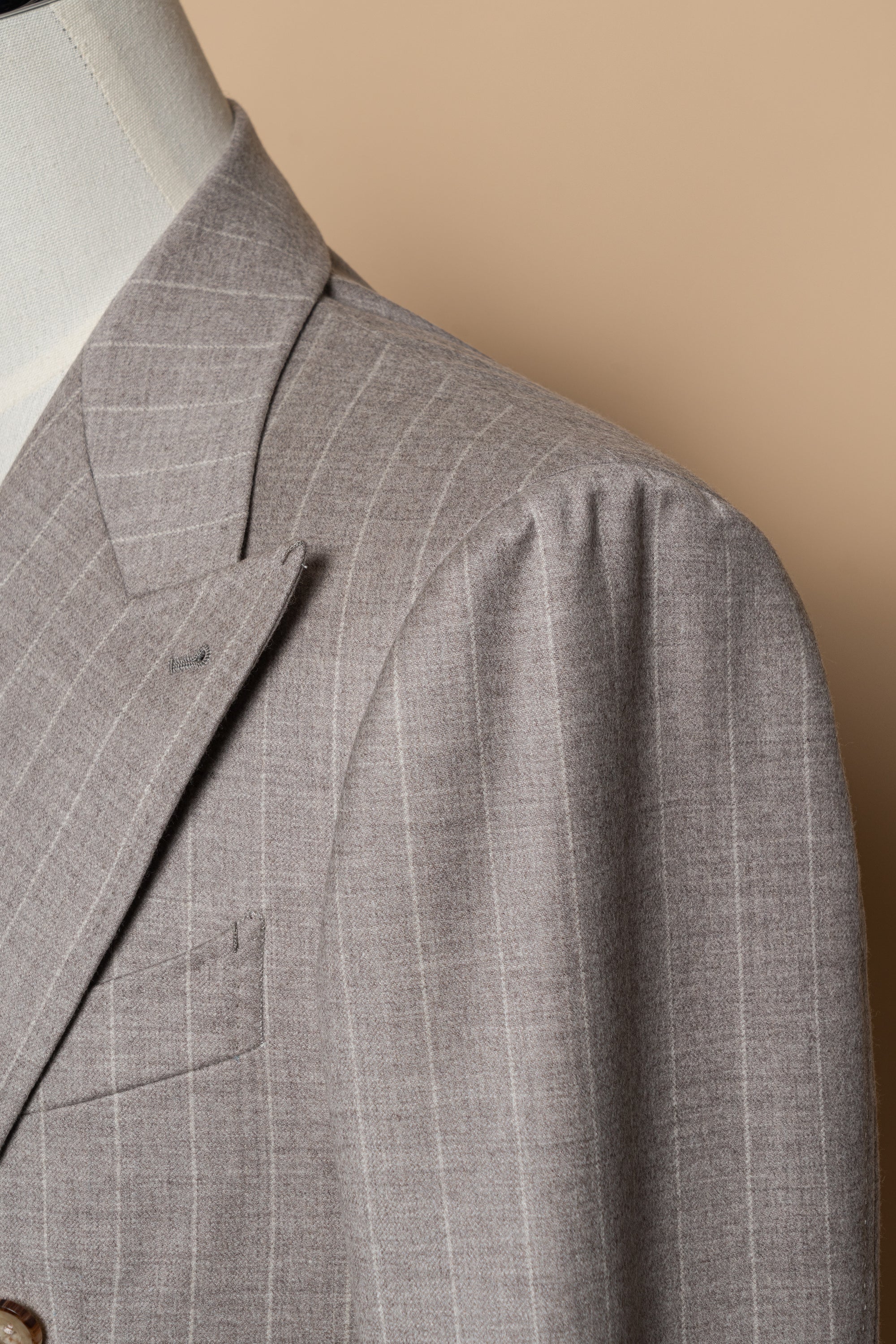 MTO Light Camel Chalk Stripe Wool Cashmere Flannel Suit