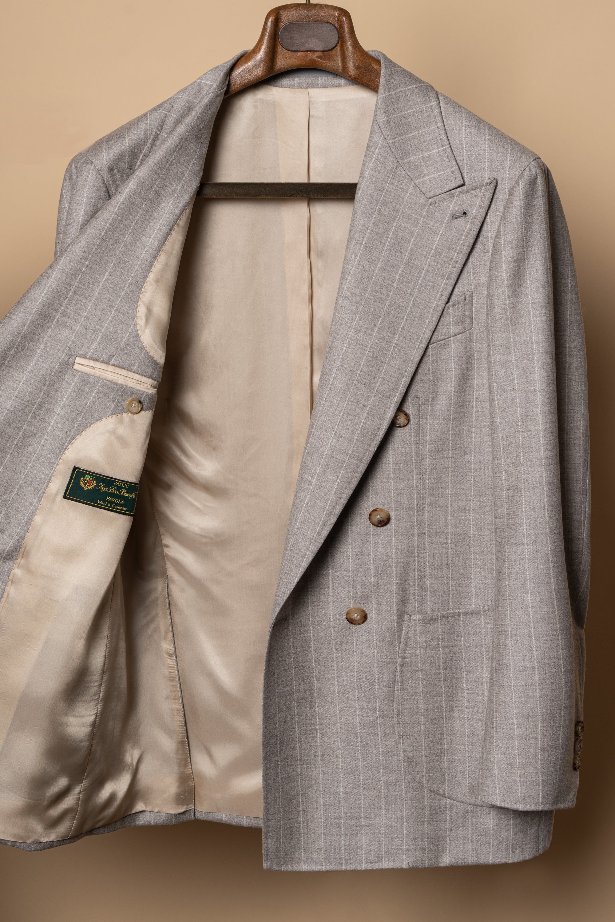 MTO Light Camel Chalk Stripe Wool Cashmere Flannel Suit