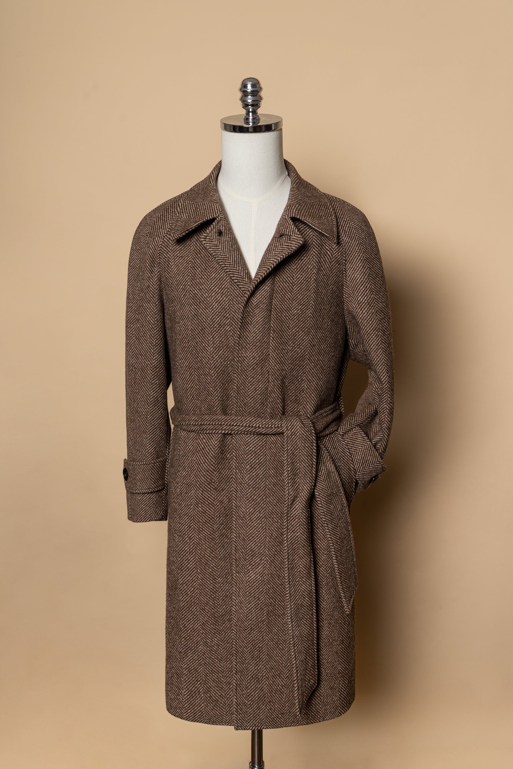 MTO Brown Herringbone Wool Balmacaan Coat #605