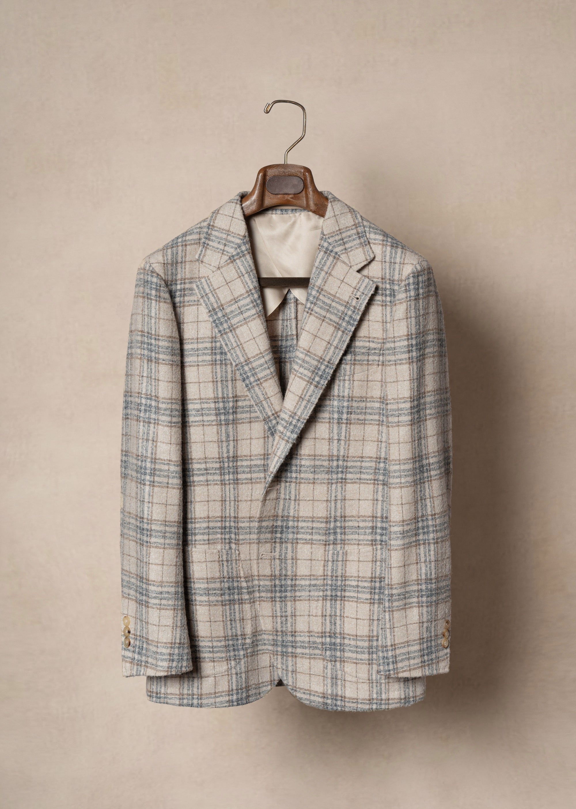 Cream Plaid Camel Hair Wool Jacket