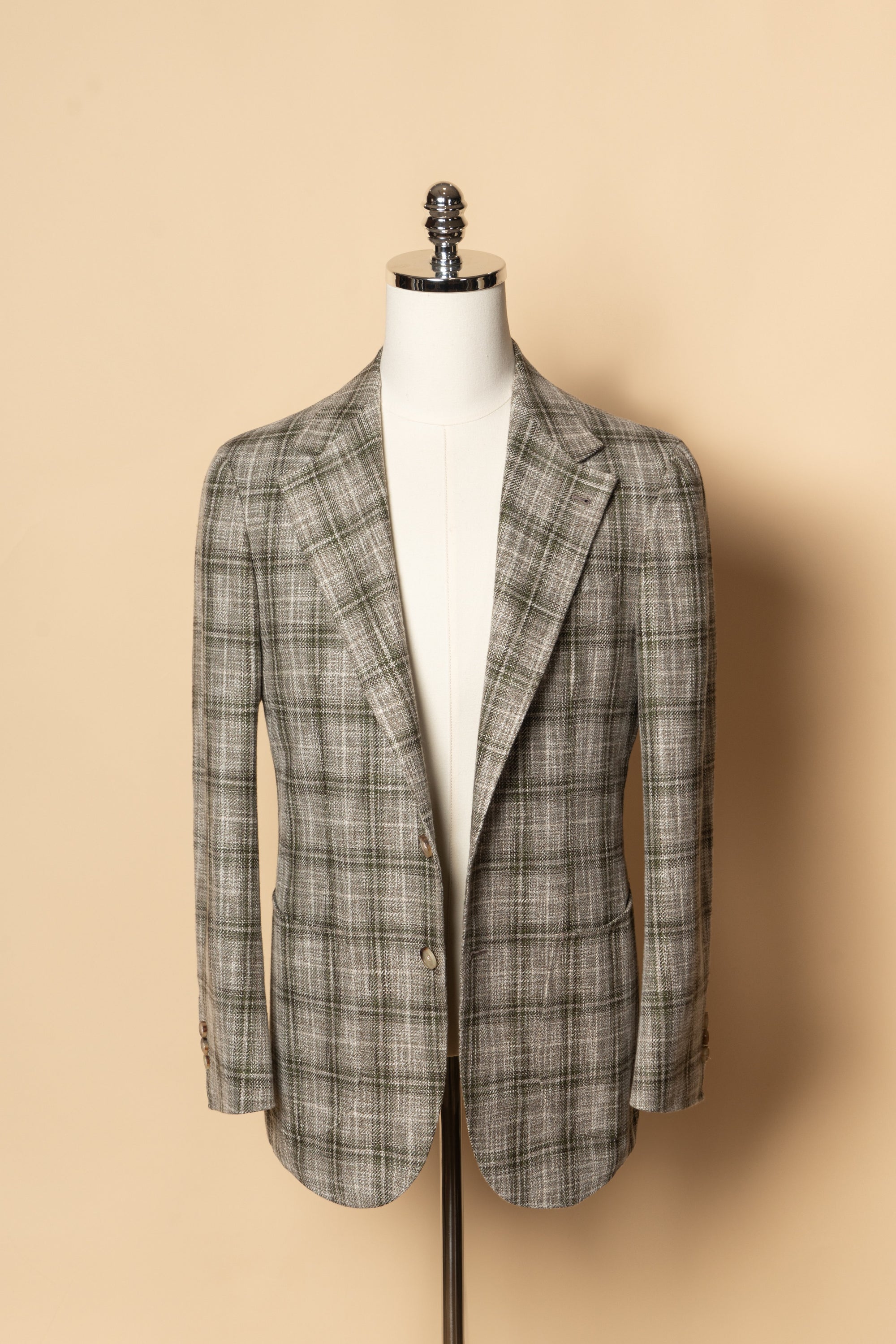 MTO Green Tan Windowpane Linen Wool Jacket #602