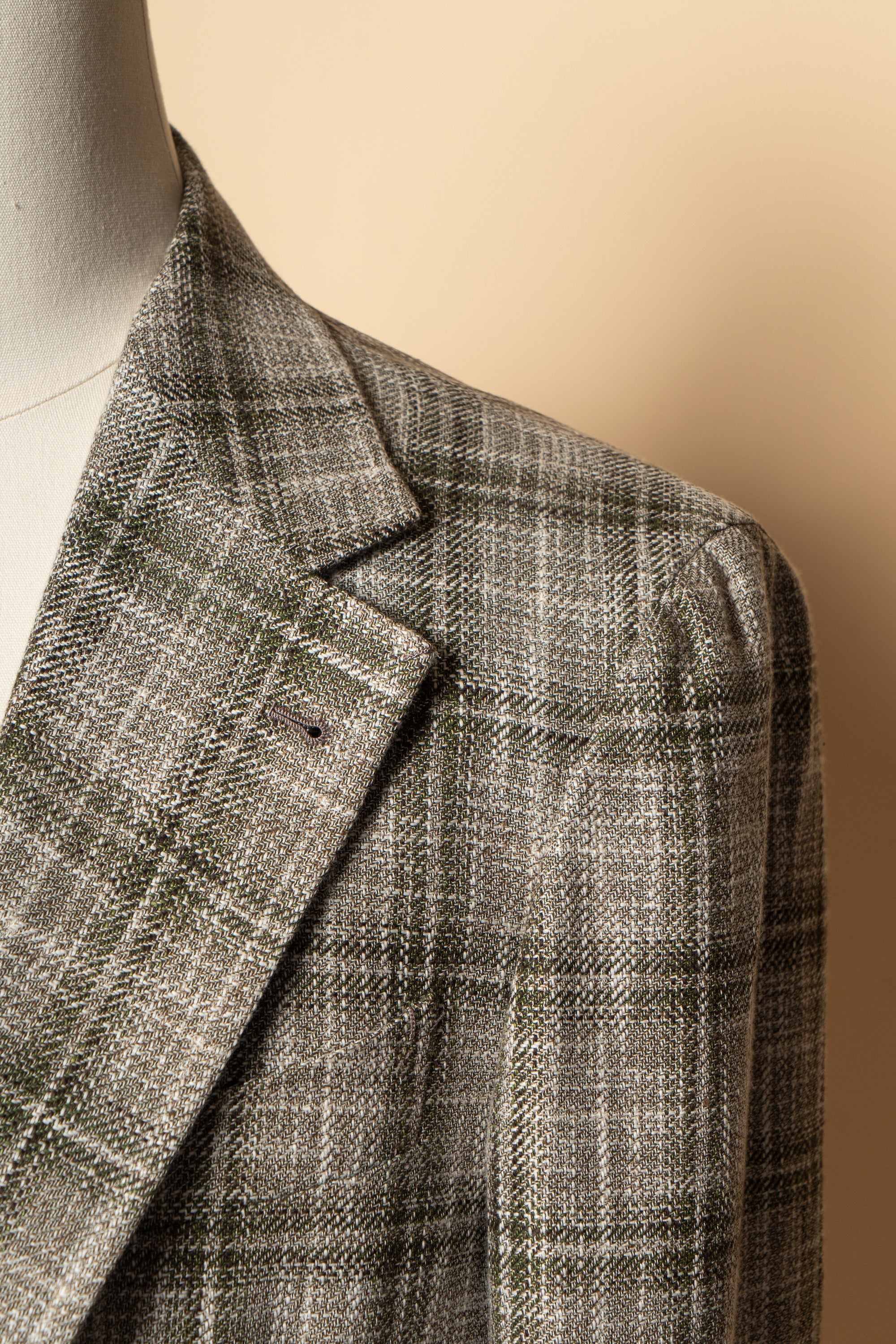 MTO Green Tan Windowpane Linen Wool Jacket #602