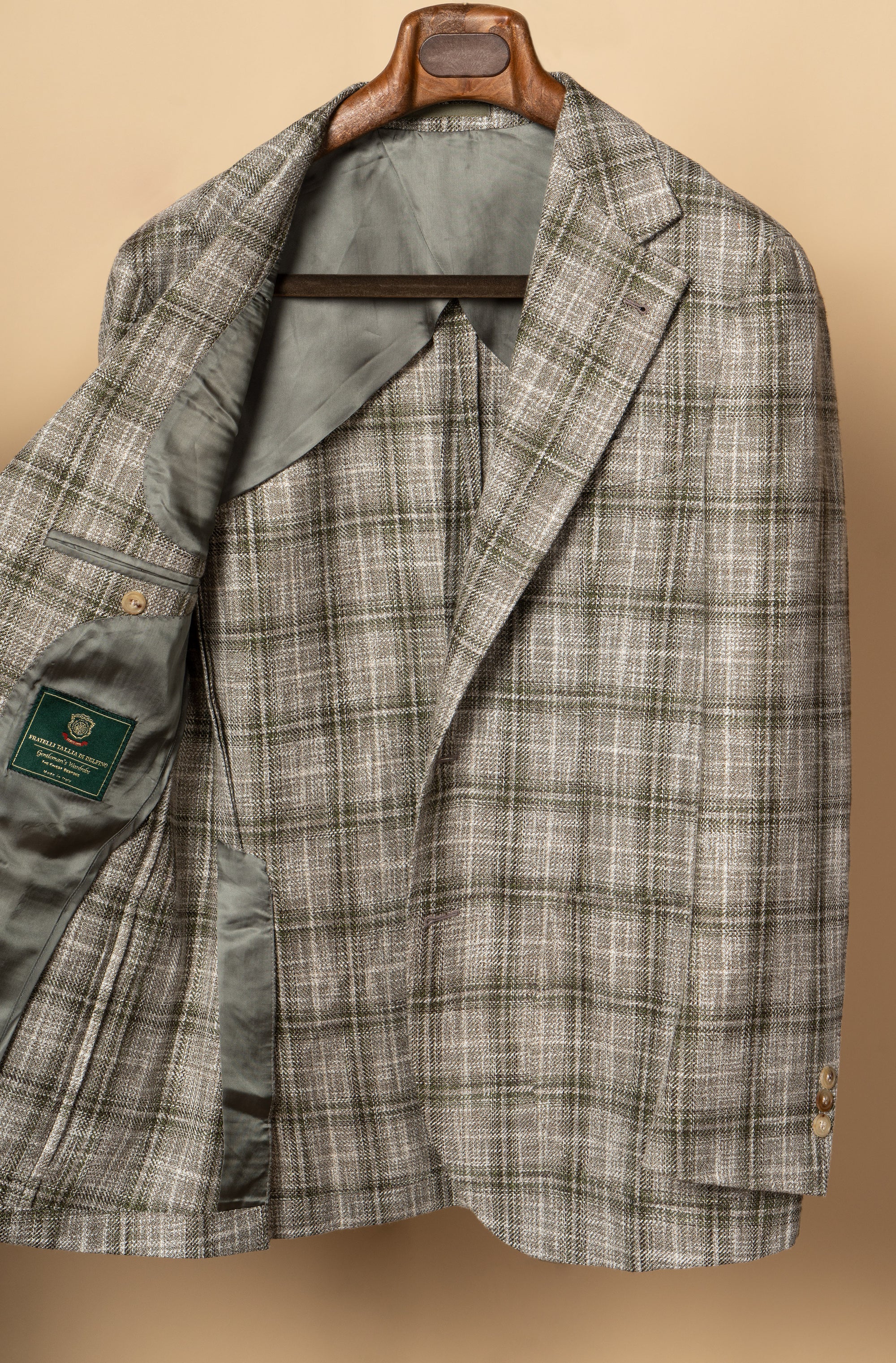 MTO Green Tan Windowpane Linen Wool Jacket #602