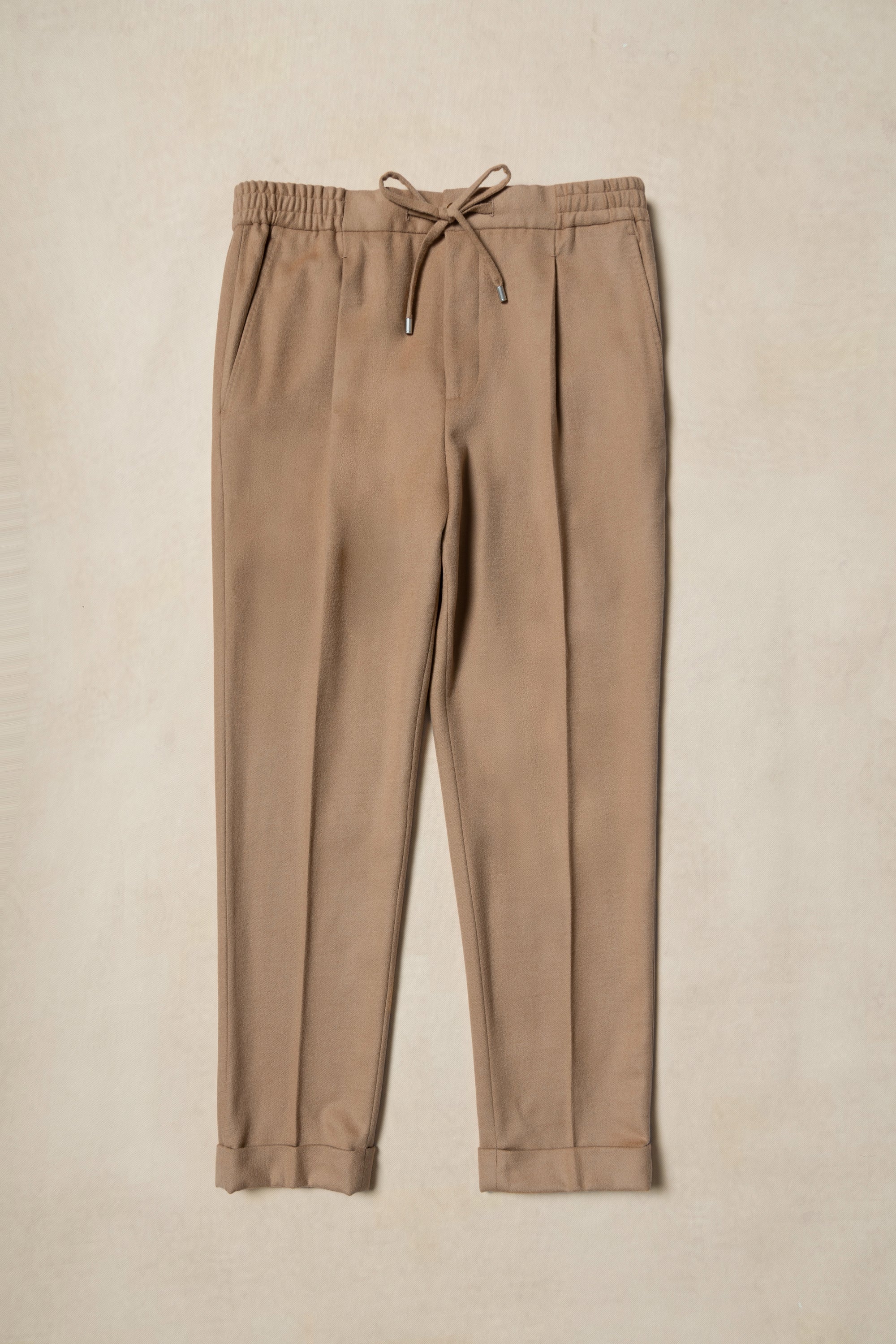Camel Silk Wool Blending Drawstring Trousers