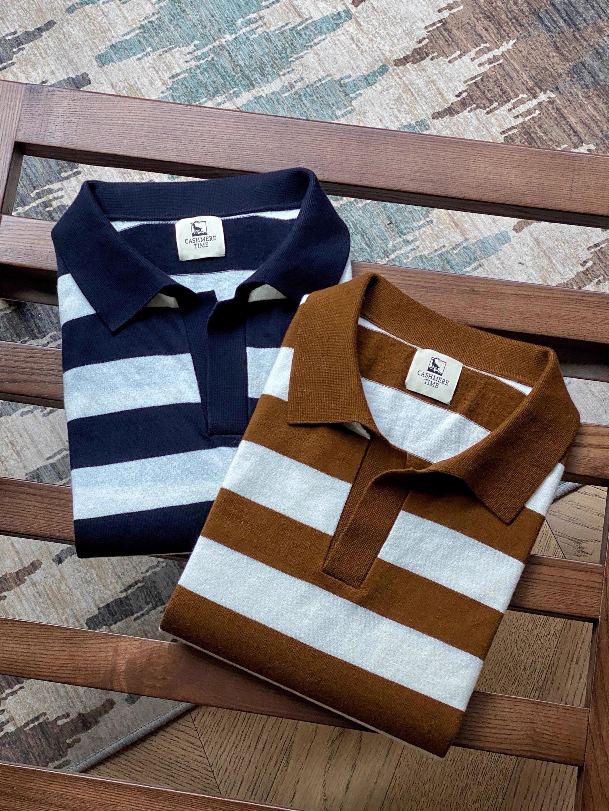 Navy / Tobacco Cotton Cashmere Knitted Breton Polo