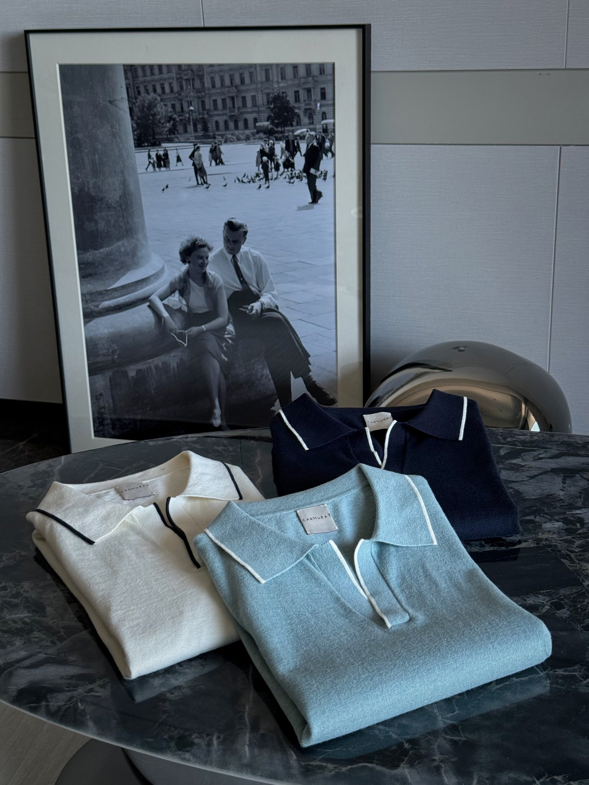 Emerald / Navy / White Cotton Cashmere Knitted Polo