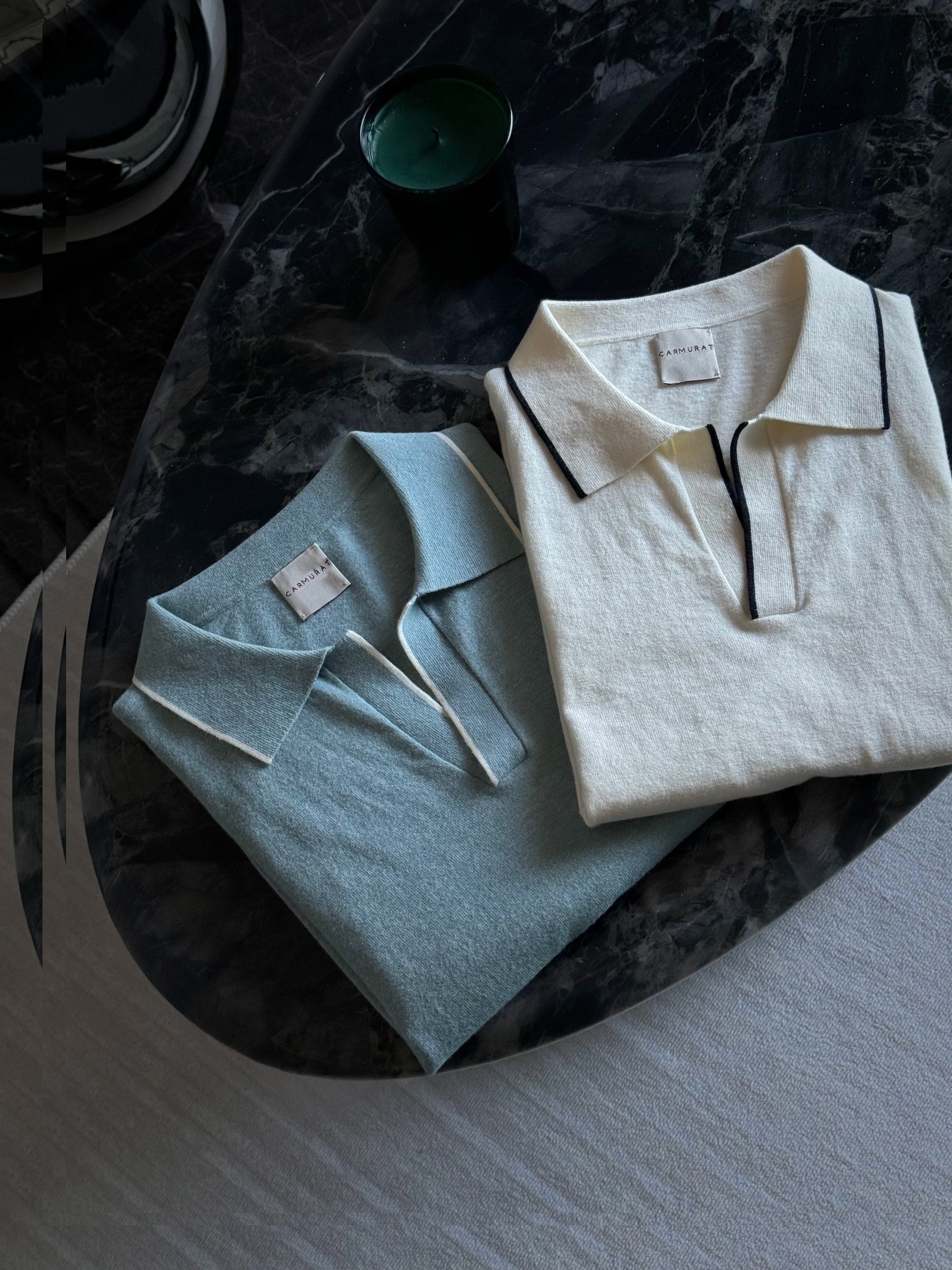 Emerald / Navy / White Cotton Cashmere Knitted Polo