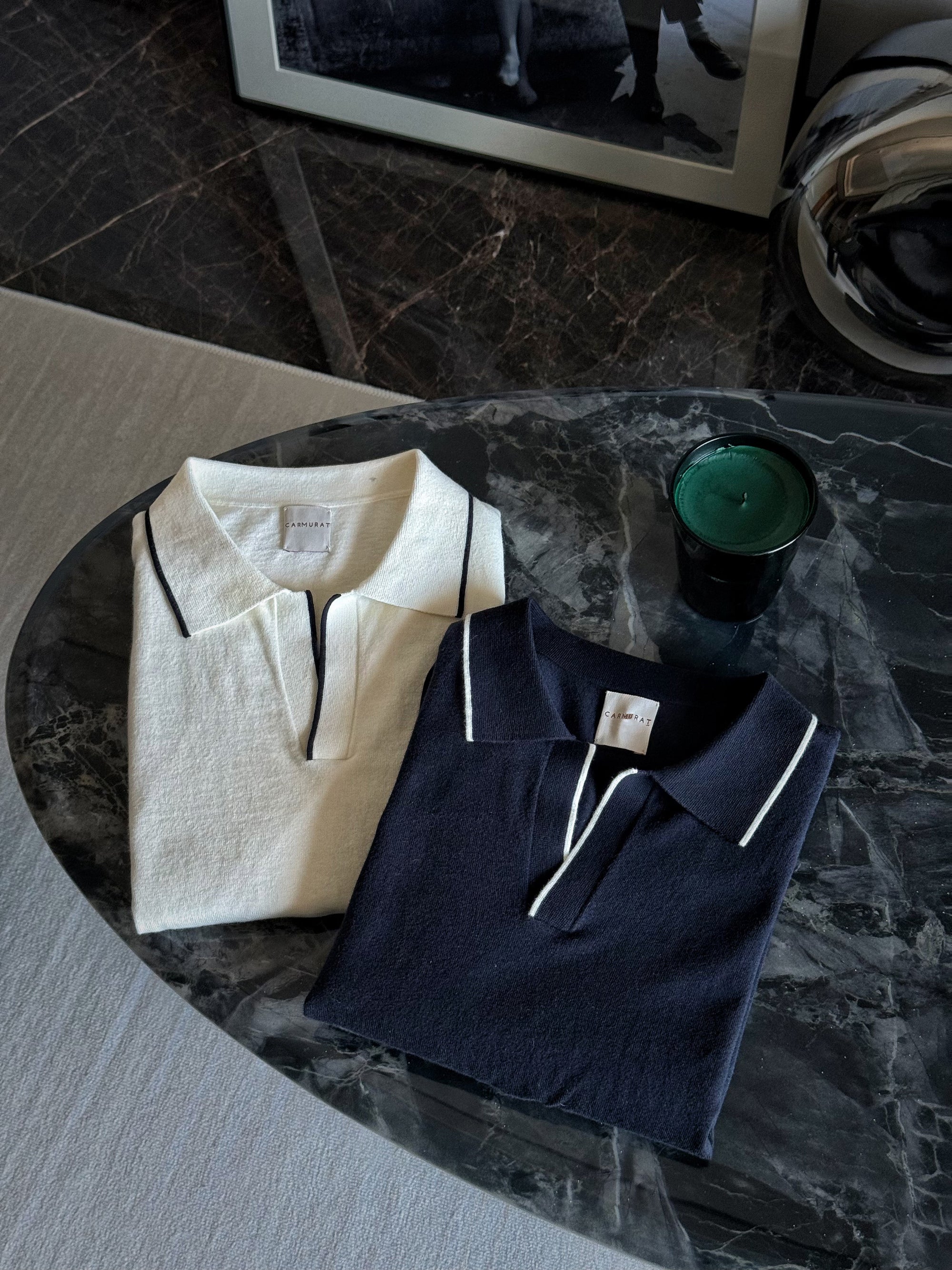 Emerald / Navy / White Cotton Cashmere Knitted Polo