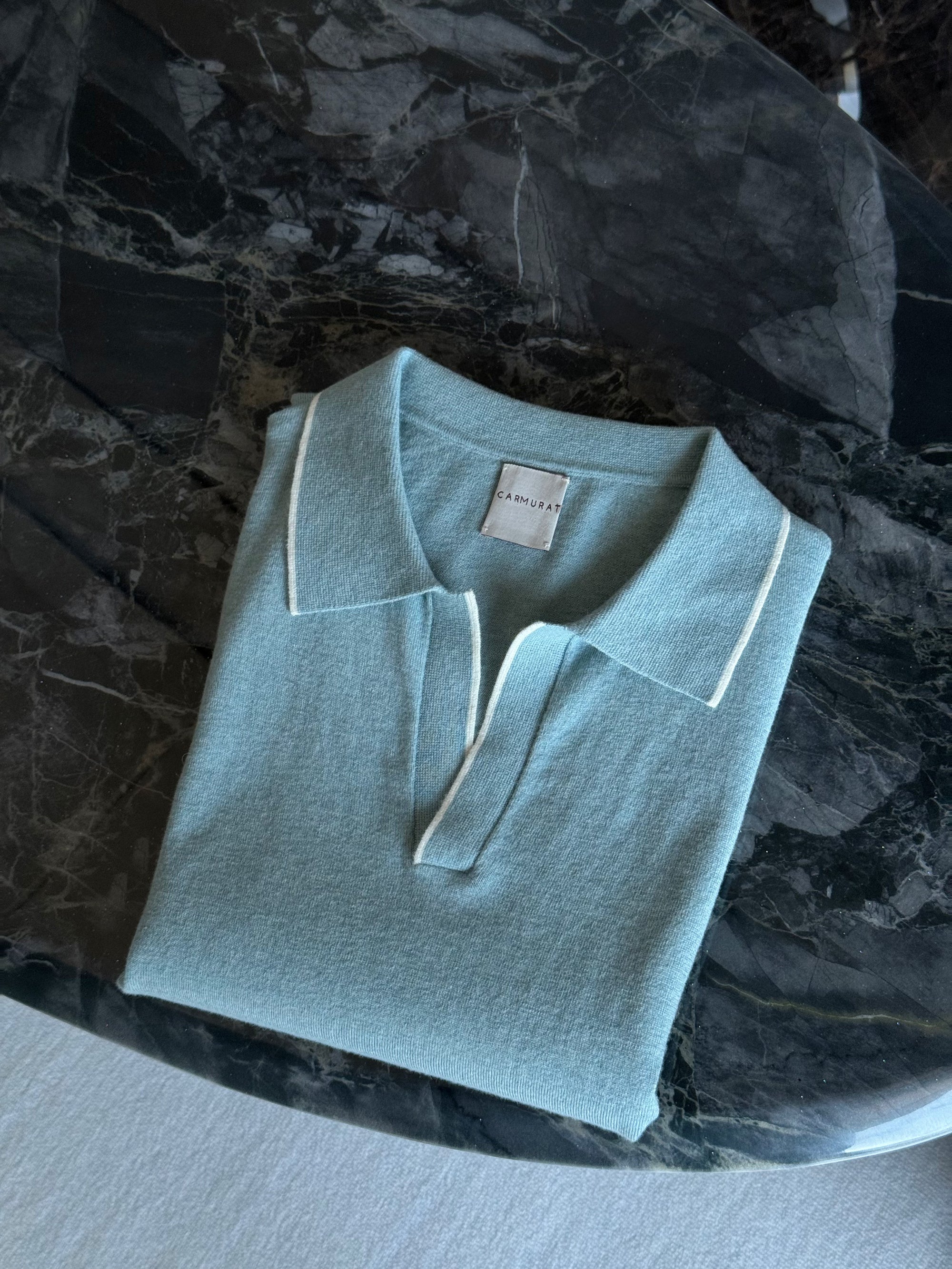 Emerald / Navy / White Cotton Cashmere Knitted Polo