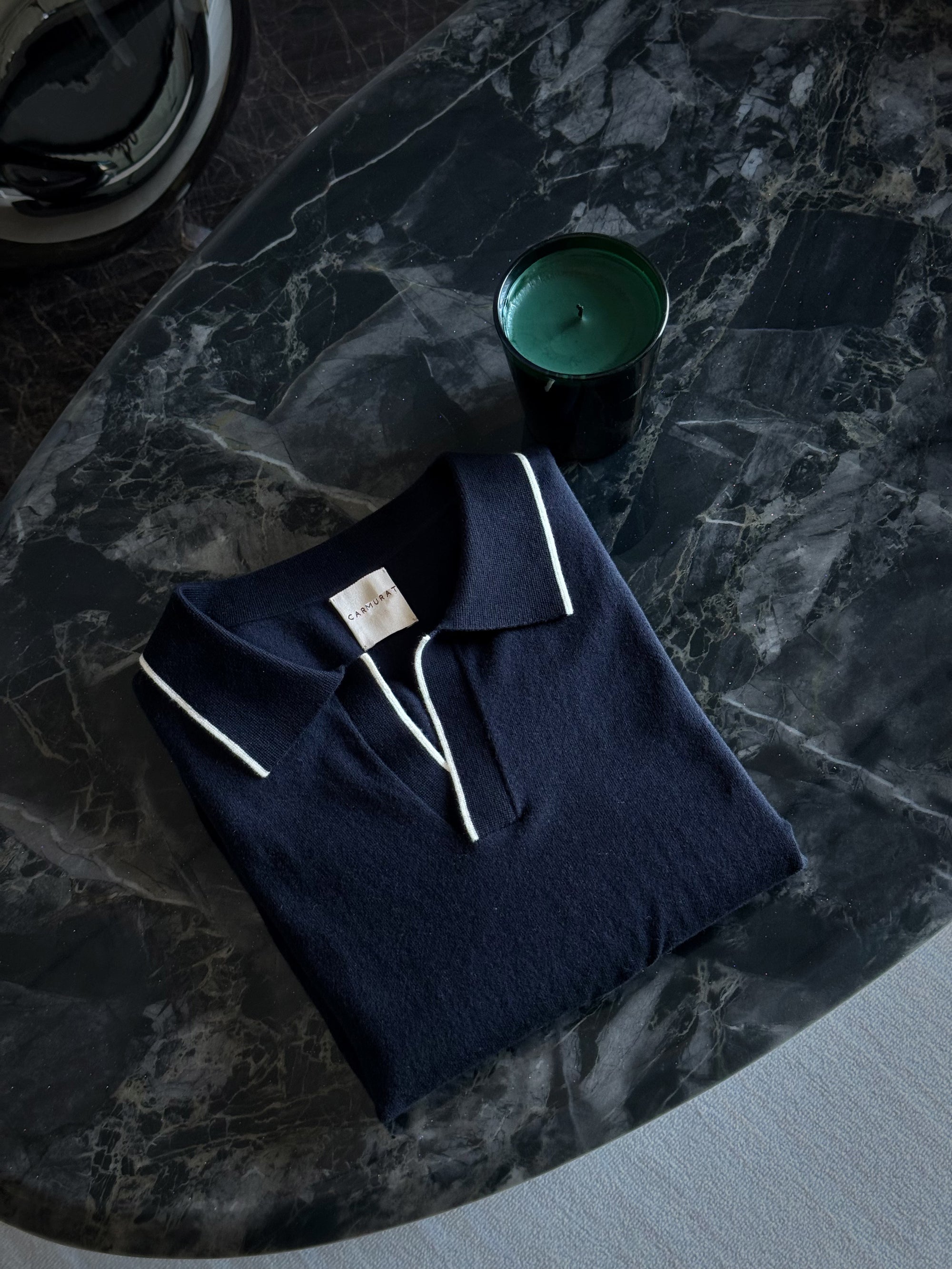 Emerald / Navy / White Cotton Cashmere Knitted Polo