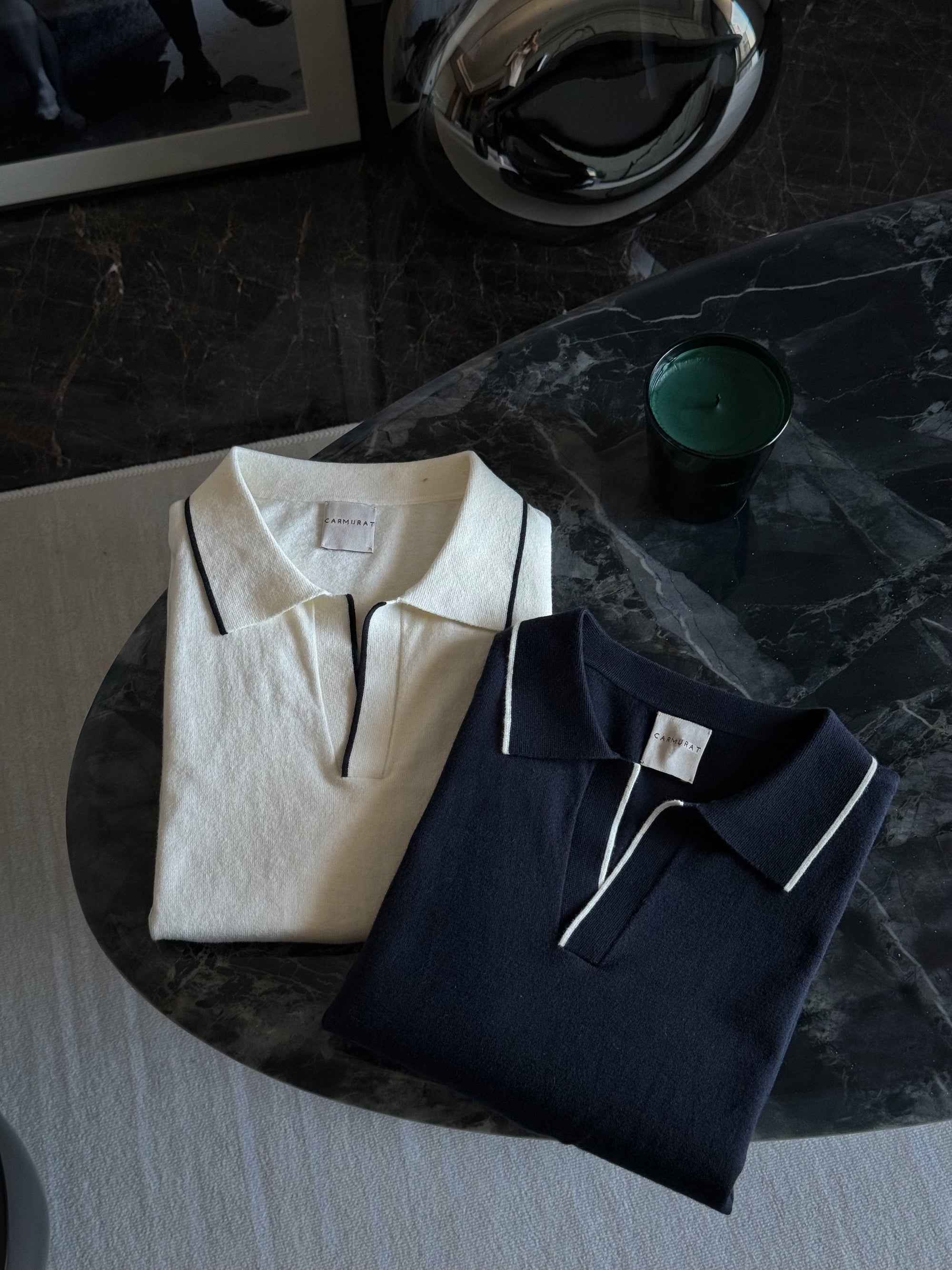 Emerald / Navy / White Cotton Cashmere Knitted Polo