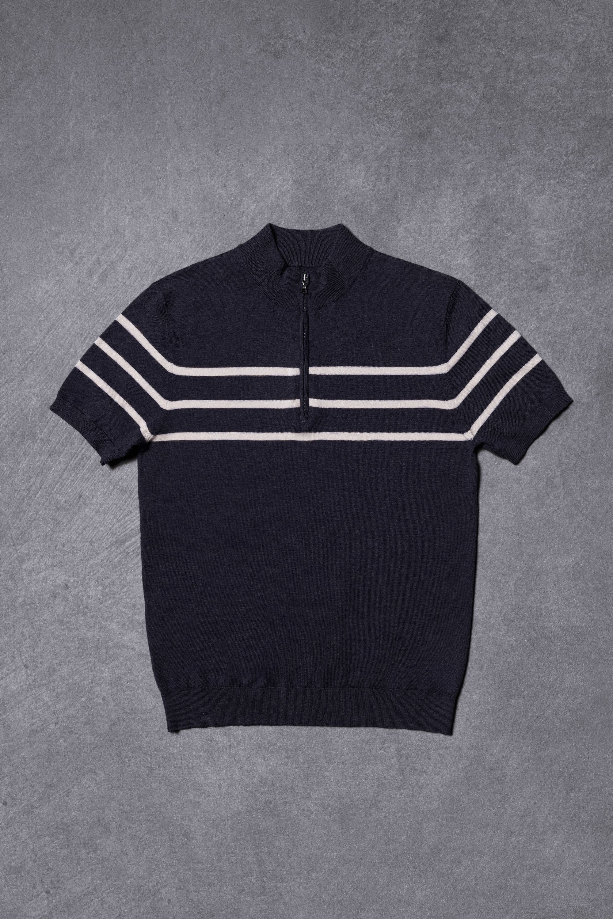 Mocha / Navy Cotton Blending Knitted Short Sleeve Mock Neck